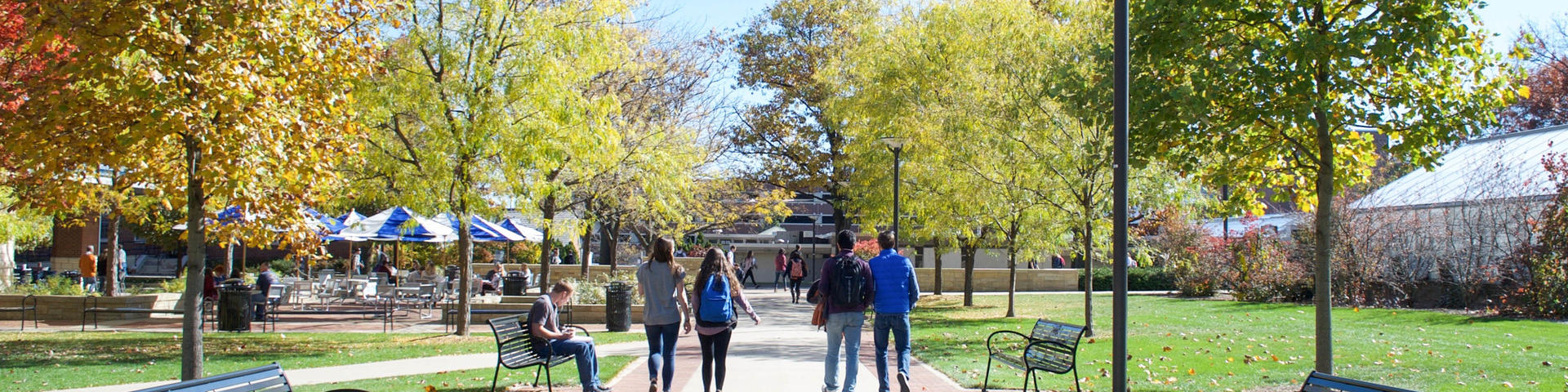 campus in the fall with students walking